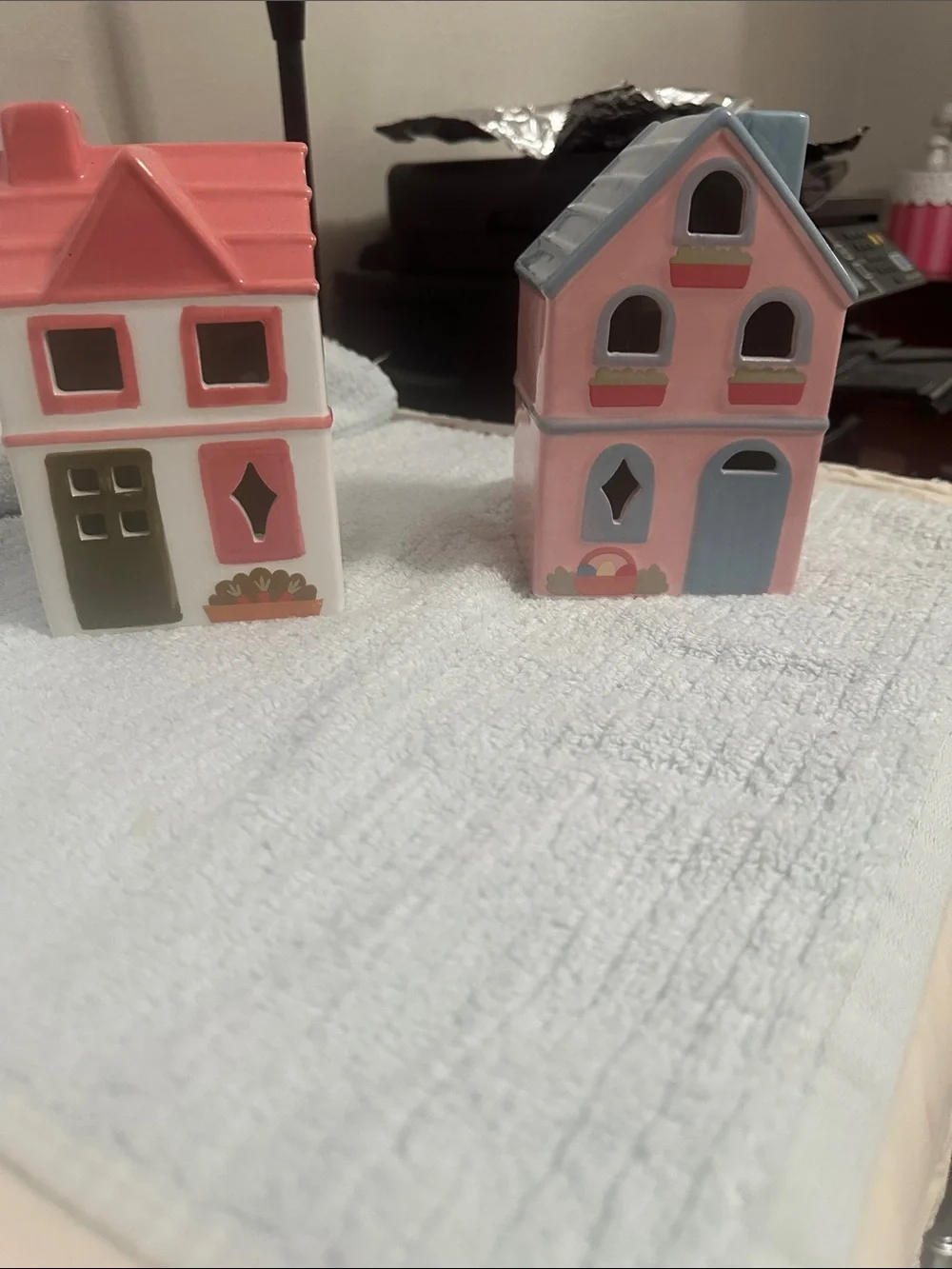 Set of 2 Decorative Pink Ceramic Cottage Homes that light up
